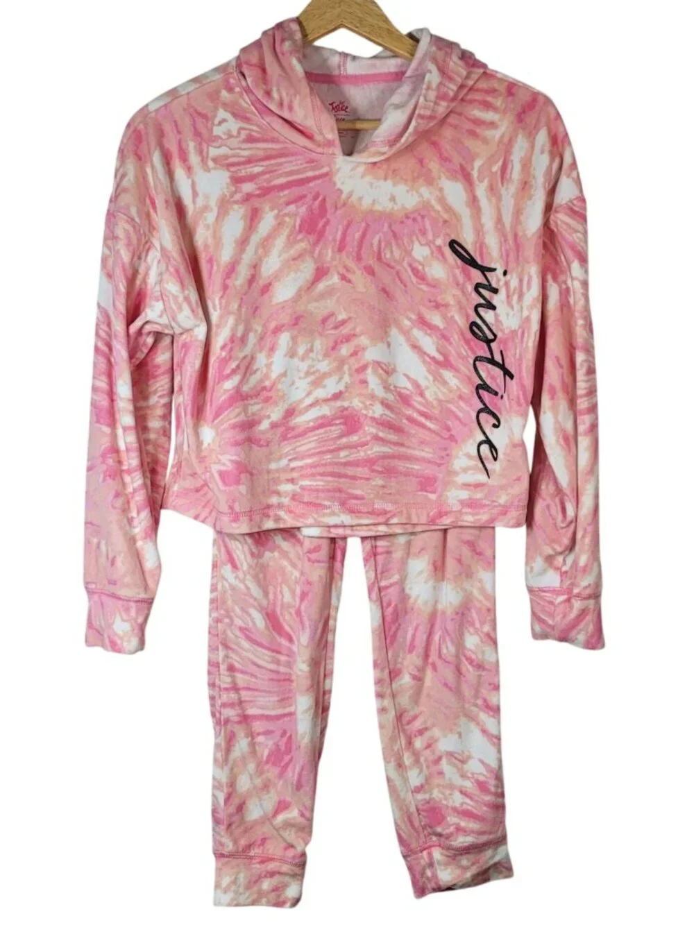 Justice Girls Fleece Pajama Set Pink Medium Tie Dye Hood Joggers Long Sleeves